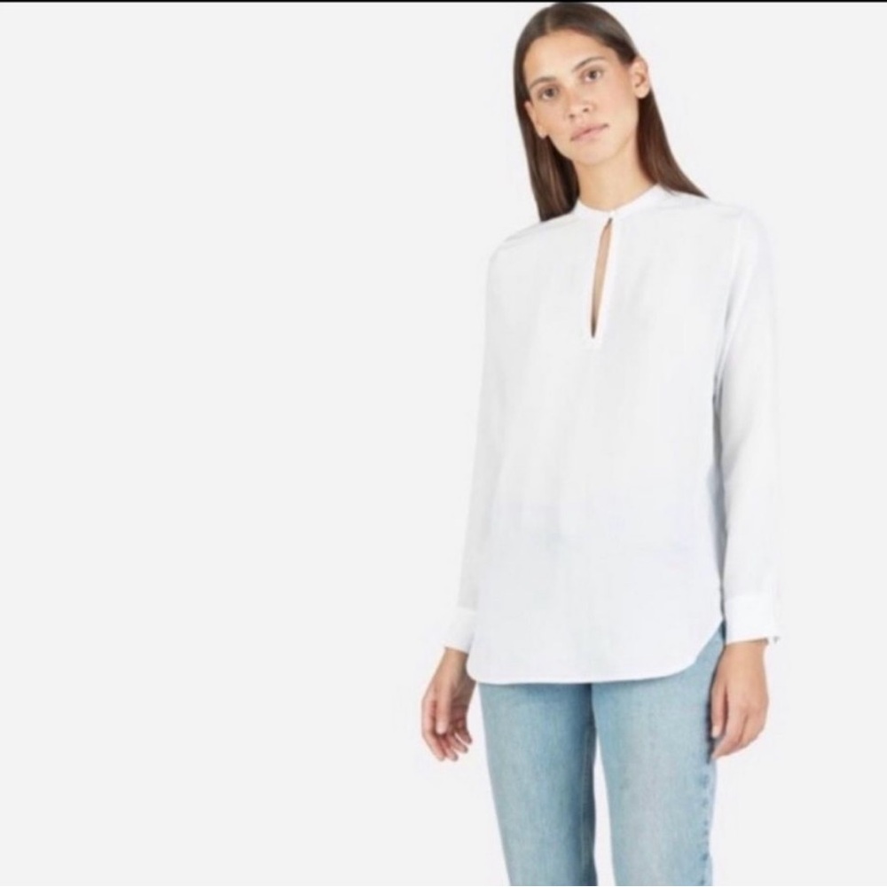 Everlane White Keyhole Long-Sleeve Blouse